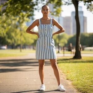 Blue and White Mini Sundress with Square Neck
